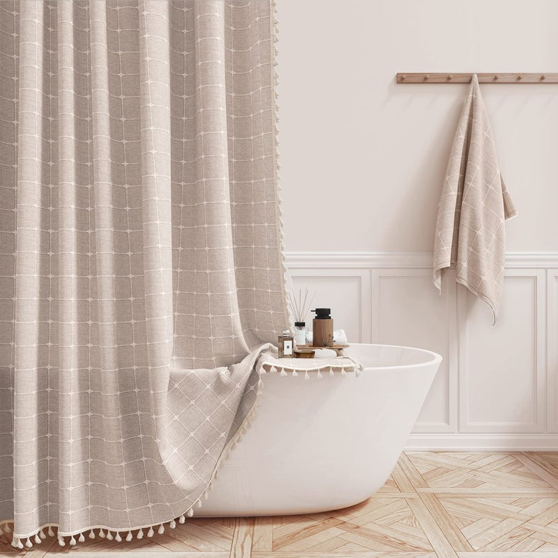BTTN Extra Long Shower Curtain - 72x84 Inch Long Boho Linen Thick Fabric Shower Curtain Set with Plastic Hooks, Tall Farmhouse French Country Chic Macrame Cloth Shower Curtains for Bathroom, Tan/Taupe - Image 1