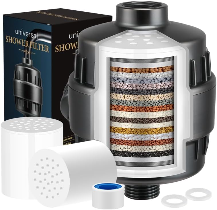 TAYRAN 15-Stage Shower Filter, Two Cartridge Hard Water Filter - High Output Shower Water Filter Removes Chlorofluoride Heavy Metals Improves Skin, Hair and Nails Condition (Silver grey) - Image 1
