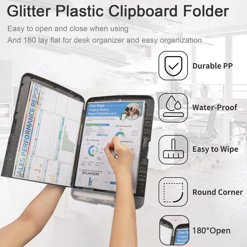 SFLHHDM Glitter Clipboard with Storage,Storage Clipboard with Pen Holder,A4 Binder Clip Boards 8.5x11 with Low Profile Clip,Side Opening Sparkle Clipboards,Plastic Clipboards Folder for Office Supplies-Black - Image 5