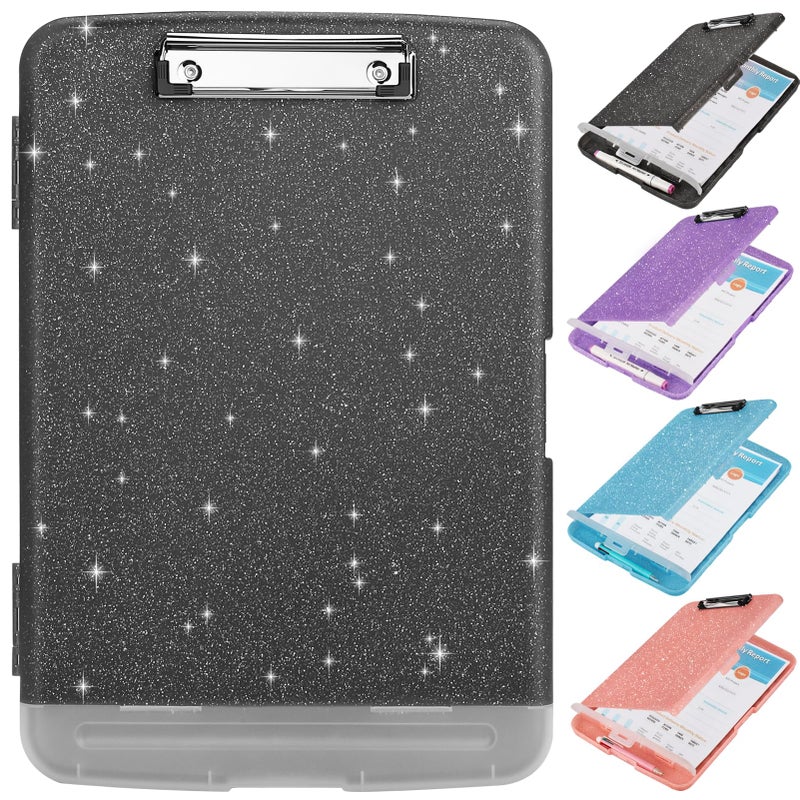 SFLHHDM Glitter Clipboard with Storage,Storage Clipboard with Pen Holder,A4 Binder Clip Boards 8.5x11 with Low Profile Clip,Side Opening Sparkle Clipboards,Plastic Clipboards Folder for Office Supplies-Black - Image 1