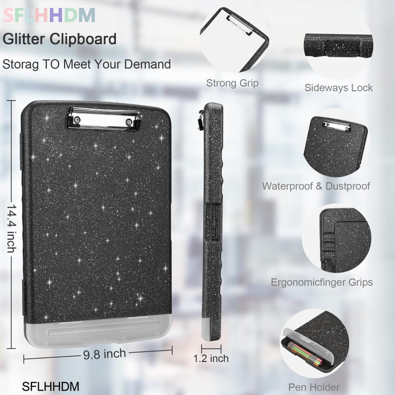 SFLHHDM Glitter Clipboard with Storage,Storage Clipboard with Pen Holder,A4 Binder Clip Boards 8.5x11 with Low Profile Clip,Side Opening Sparkle Clipboards,Plastic Clipboards Folder for Office Supplies-Black - Image 2