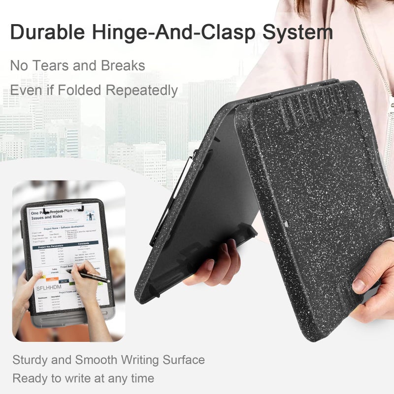 SFLHHDM Glitter Clipboard with Storage,Storage Clipboard with Pen Holder,A4 Binder Clip Boards 8.5x11 with Low Profile Clip,Side Opening Sparkle Clipboards,Plastic Clipboards Folder for Office Supplies-Black - Image 4