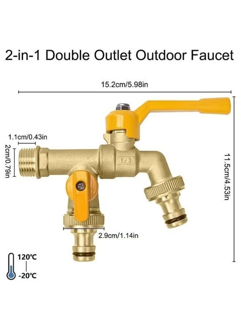 Outdoor Garden Water Faucet with Double Outlet, 3/4" Brass Female GHT Adapter with 2 Washers and Sealing Tape, Quick Connect Hose for Quick Connect Hose,2 Way Heavy Duty Water Spigot Splitter, - Image 3
