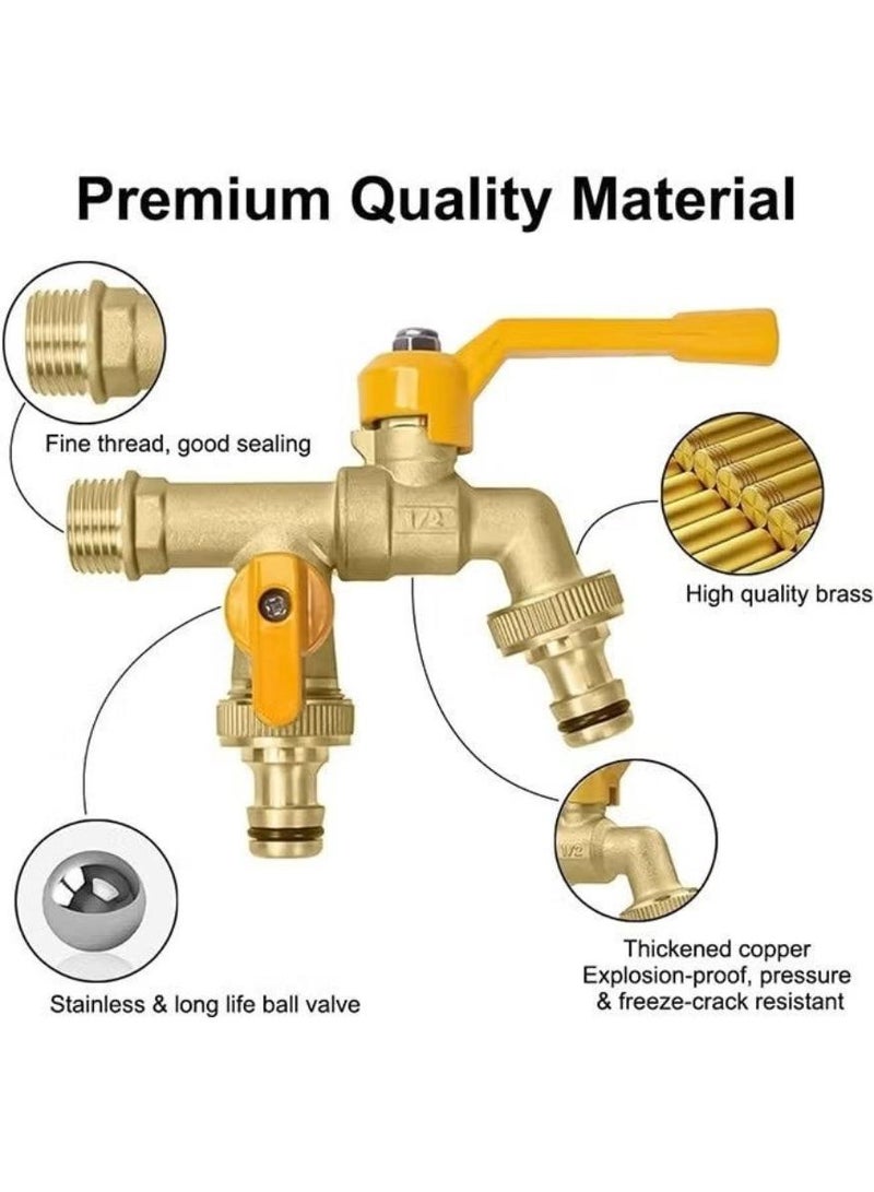 Outdoor Garden Water Faucet with Double Outlet, 3/4" Brass Female GHT Adapter with 2 Washers and Sealing Tape, Quick Connect Hose for Quick Connect Hose,2 Way Heavy Duty Water Spigot Splitter, - Image 5