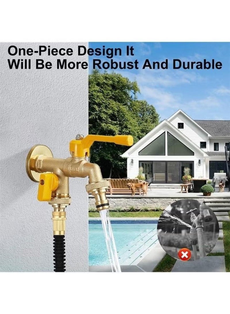 Outdoor Garden Water Faucet with Double Outlet, 3/4" Brass Female GHT Adapter with 2 Washers and Sealing Tape, Quick Connect Hose for Quick Connect Hose,2 Way Heavy Duty Water Spigot Splitter, - Image 4