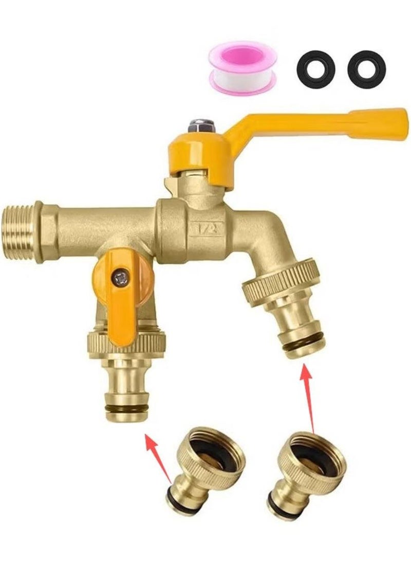 Outdoor Garden Water Faucet with Double Outlet, 3/4" Brass Female GHT Adapter with 2 Washers and Sealing Tape, Quick Connect Hose for Quick Connect Hose,2 Way Heavy Duty Water Spigot Splitter, - Image 1