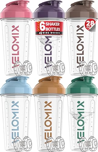 VELOMIX 6 PACK 28 oz Protein Shaker Bottle for Protein Mixes 6x Wire Whisk Leak Proof Shaker Cups for Protein Shakes Protein Shaker Bottle Pack Protein Shake Cup Muted Clarity - Image 1