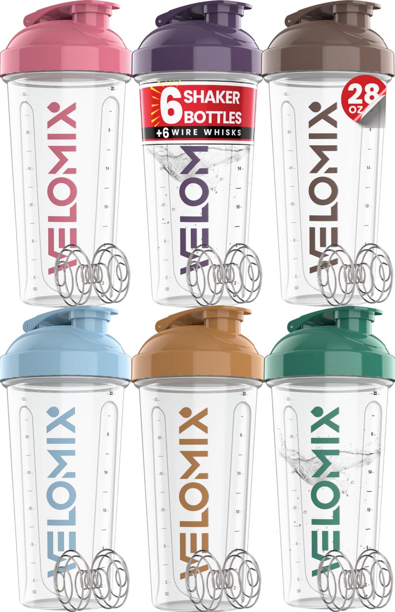 VELOMIX 6 PACK 28 oz Protein Shaker Bottle for Protein Mixes 6x Wire Whisk Leak Proof Shaker Cups for Protein Shakes Protein Shaker Bottle Pack Protein Shake Cup Muted Clarity - Image 2