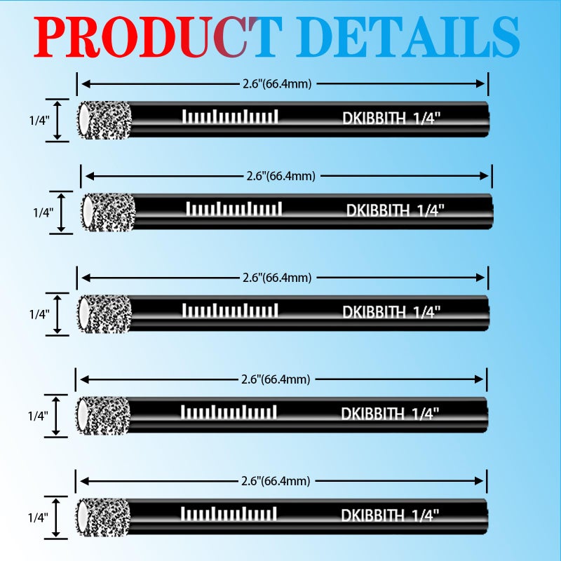 DKIBBITH 5 Packs 1/4" Diamond Drill Bits for Tile, Porcelain, Ceramic, Granite, Marble, Stone, Glass, Dry Drilling Tile Drill Btis with Storage Case and 1/4" Round Shank. - Image 2