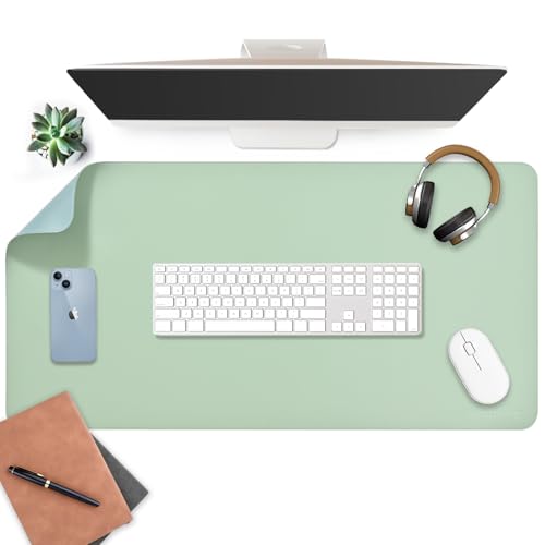 AROPANA Vegan Leather Desk Mat | Large Reversible Mouse Pad & Computer Table Protector | Dual-Side Waterproof Extended Laptop Pad with Edge-Stitched Design (90x45CM, Light Green and Blue) - Image 1