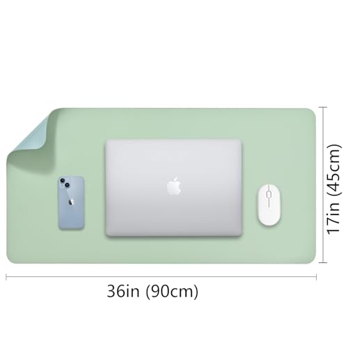 AROPANA Vegan Leather Desk Mat | Large Reversible Mouse Pad & Computer Table Protector | Dual-Side Waterproof Extended Laptop Pad with Edge-Stitched Design (90x45CM, Light Green and Blue) - Image 3