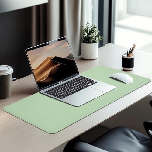 AROPANA Vegan Leather Desk Mat | Large Reversible Mouse Pad & Computer Table Protector | Dual-Side Waterproof Extended Laptop Pad with Edge-Stitched Design (90x45CM, Light Green and Blue) - Image 4
