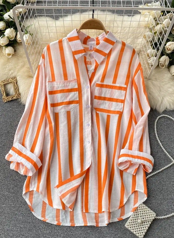 Loquat Women's Striped Button Down Shirts Casual Long Sleeve Stylish Blouses Tops with Pockets Orange Stripes 