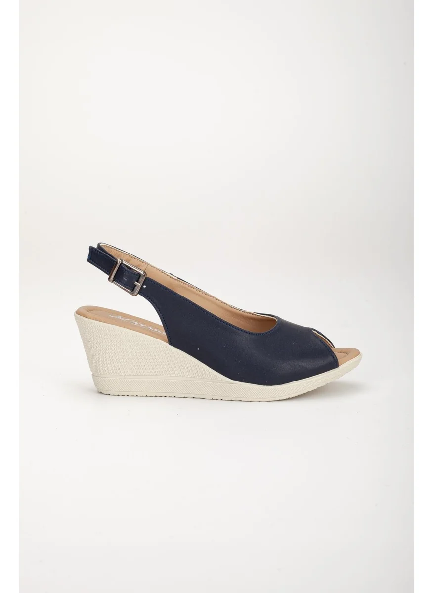 Dilimler Ayakkabı Slices Shoes Wedge Sole Open Toe and Back Orthopedic Artificial Leather Navy Blue Women's Wedge Heel Shoes