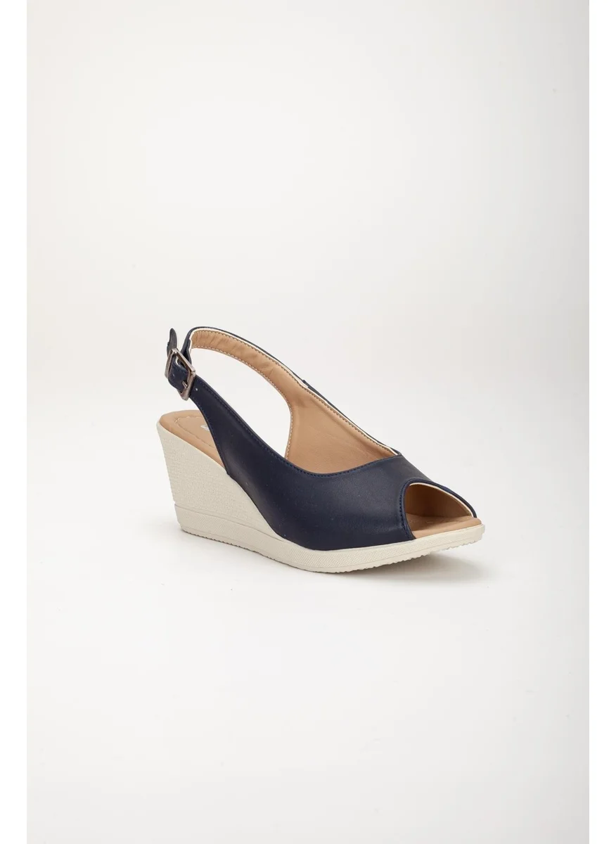 Dilimler Ayakkabı Slices Shoes Wedge Sole Open Toe and Back Orthopedic Artificial Leather Navy Blue Women's Wedge Heel Shoes