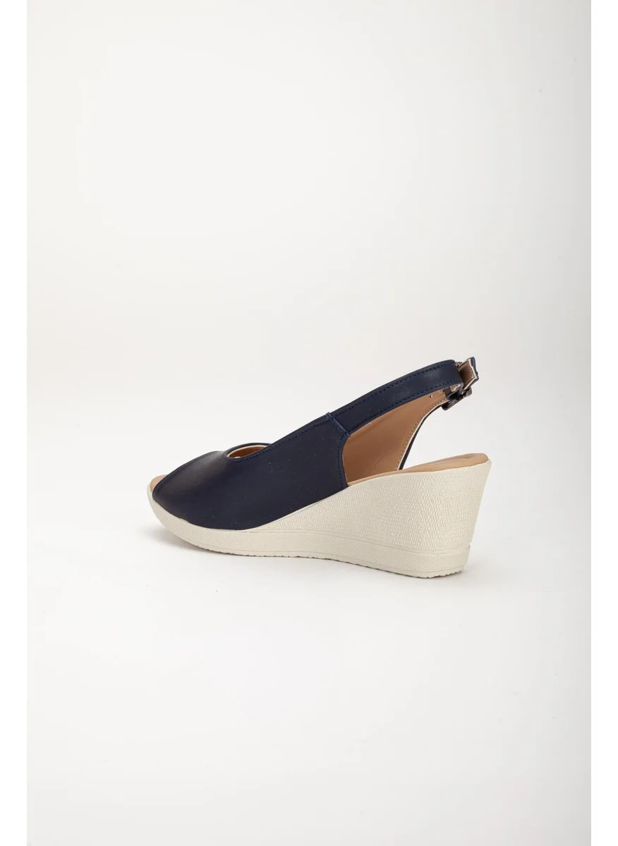 Dilimler Ayakkabı Slices Shoes Wedge Sole Open Toe and Back Orthopedic Artificial Leather Navy Blue Women's Wedge Heel Shoes