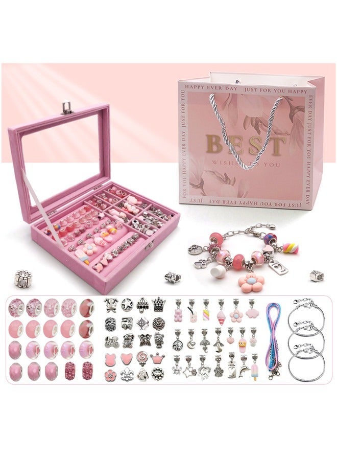 Beauenty Bracelet Making Kit for Girls 66PCs Charm Bracelets Kit with Jewelry Box Jewelry Charms Bracelets for DIY Craft Jewelry Gift for Adults and Kids Present For 8-12 Year Old Girl (Pink) - Image 1