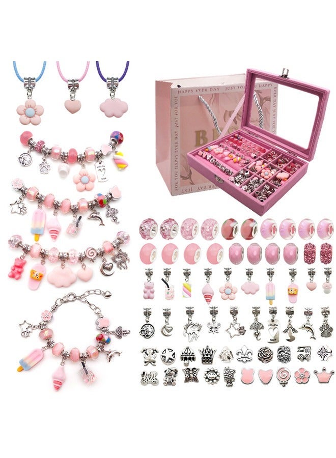 Beauenty Bracelet Making Kit for Girls 66PCs Charm Bracelets Kit with Jewelry Box Jewelry Charms Bracelets for DIY Craft Jewelry Gift for Adults and Kids Present For 8-12 Year Old Girl (Pink) - Image 4