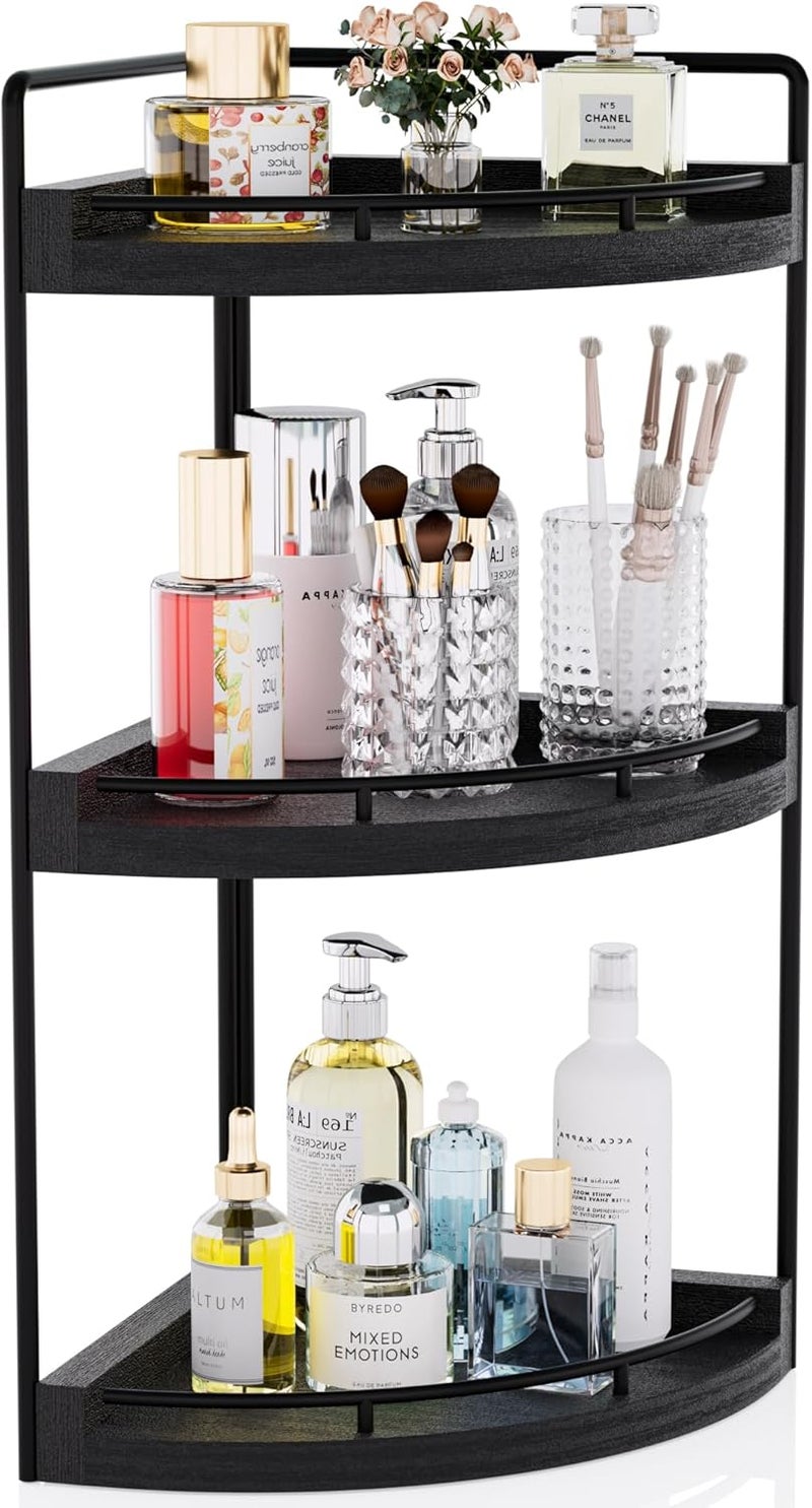 CeleVista Corner Bathroom Counter Organizer, 3 Tier Bathroom Sink Shelf Countertop, Wood Vanity Skincare Storage for Toiletries Decor, Makeup, Dresser(Black) - Image 1