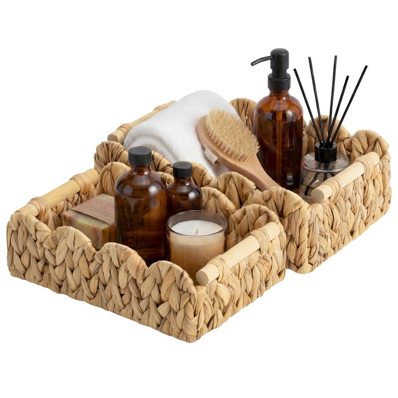 StorageWorks Toilet Paper Basket 2 Pack, Back of Toilet Basket with Wooden Handles, Small Wicker Decorative Scalloped Baskets for Organizing, Living Room Storage, Natural Water Hyacinth - Image 1