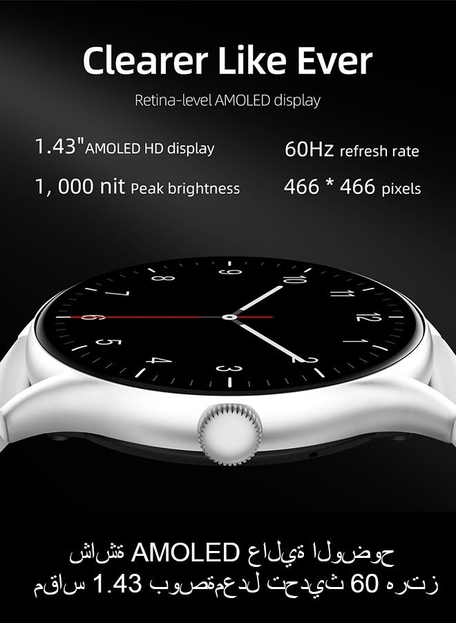 كيو سي واي ساعة GT الذكية مع مكالمات بلوتوث وشاشة AMOLED عالية الدقة مقاس 1.43 بوصة ومعدل تحديث 60 هرتز ومقاومة للماء IPX8 ومراقبة الصحة/تشبع الأكسجين في الدم/النوم/الدورة الشهرية وأكثر من 100 تمرين وعمر بطارية طويل - Image 2