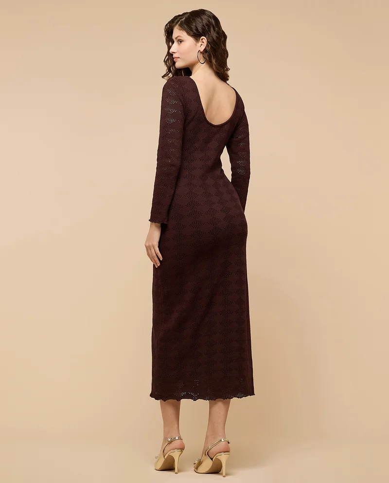 R&b  Openwork Column Dress with Round Neck and Long Sleeves for Women | Best Price UAE