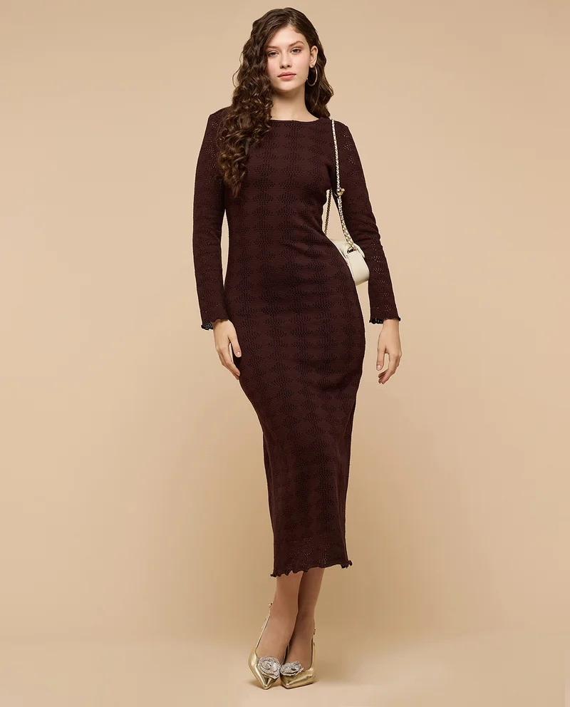 Openwork Column Dress with Round Neck and Long Sleeves