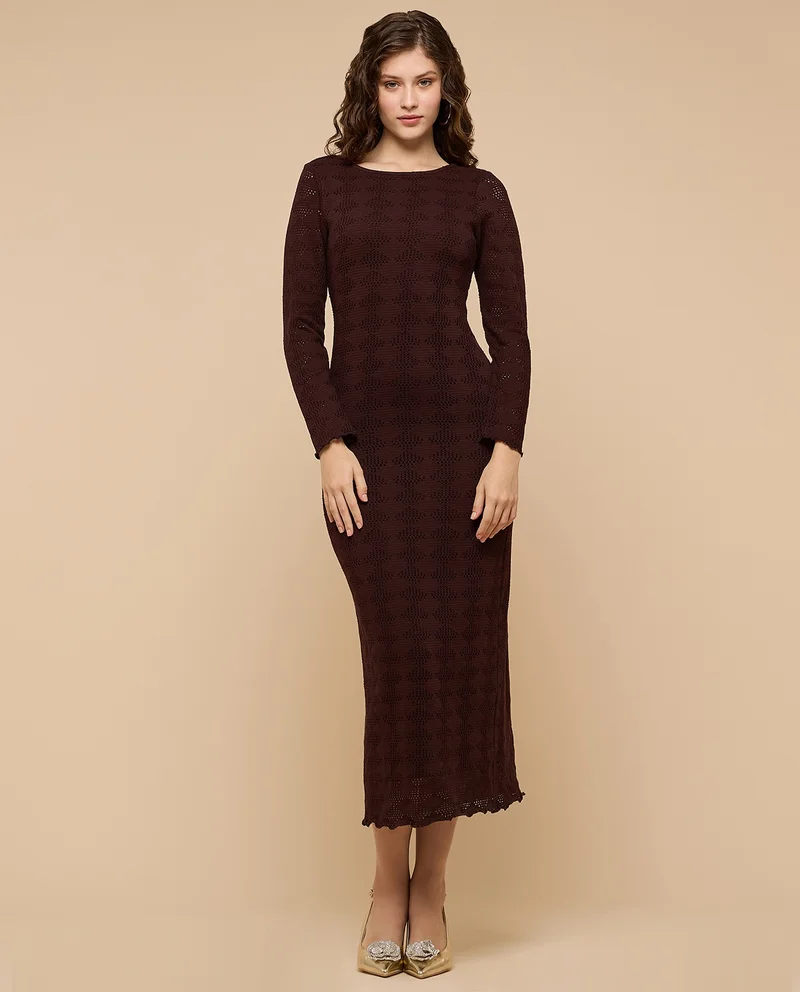 R&b  Openwork Column Dress with Round Neck and Long Sleeves for Women | Best Price UAE