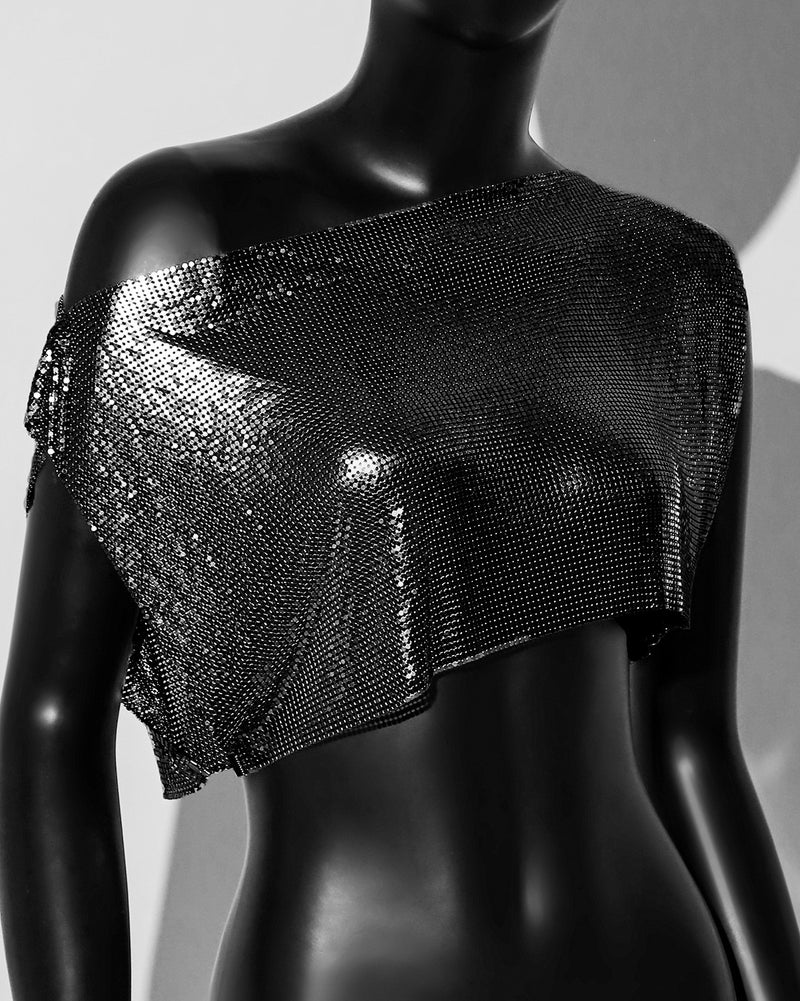 Europe and the United States summer fashion women''s short t personality metal sequins diagonal shoulder collar top female hot girl t - Image 1