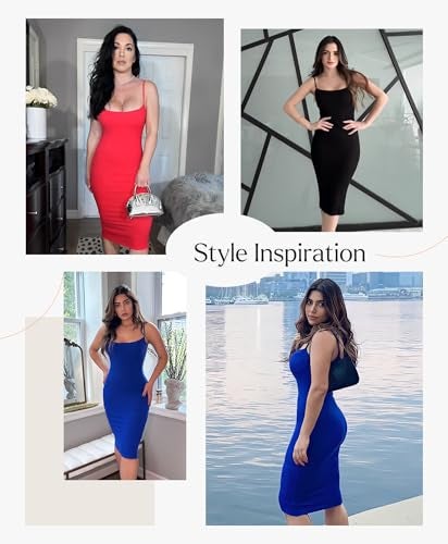 Popilush Summer Midi Dresses for Women - Bodycon Club Party Night Out Shapewear Dress with Built-in Bra Black - Image 2