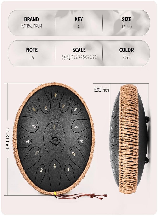 natraldrum Steel Tongue Drum, 12 Inch 15 Note Tongue Drums, Handpan Drums Percussion Instrument for Kids & Adults, Hand Pan Drum with Music Book, Drum Mallets and Carry Bag, Major C (Black) - Image 4