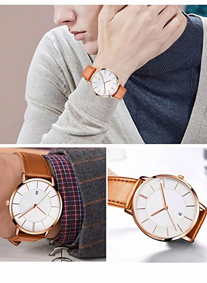 roaiss - Men's Ultra Thin Watches Minimalist Analog Quartz Leather Strap Fashion Casual Date Watch Waterproof Wrist Watch - Image 1