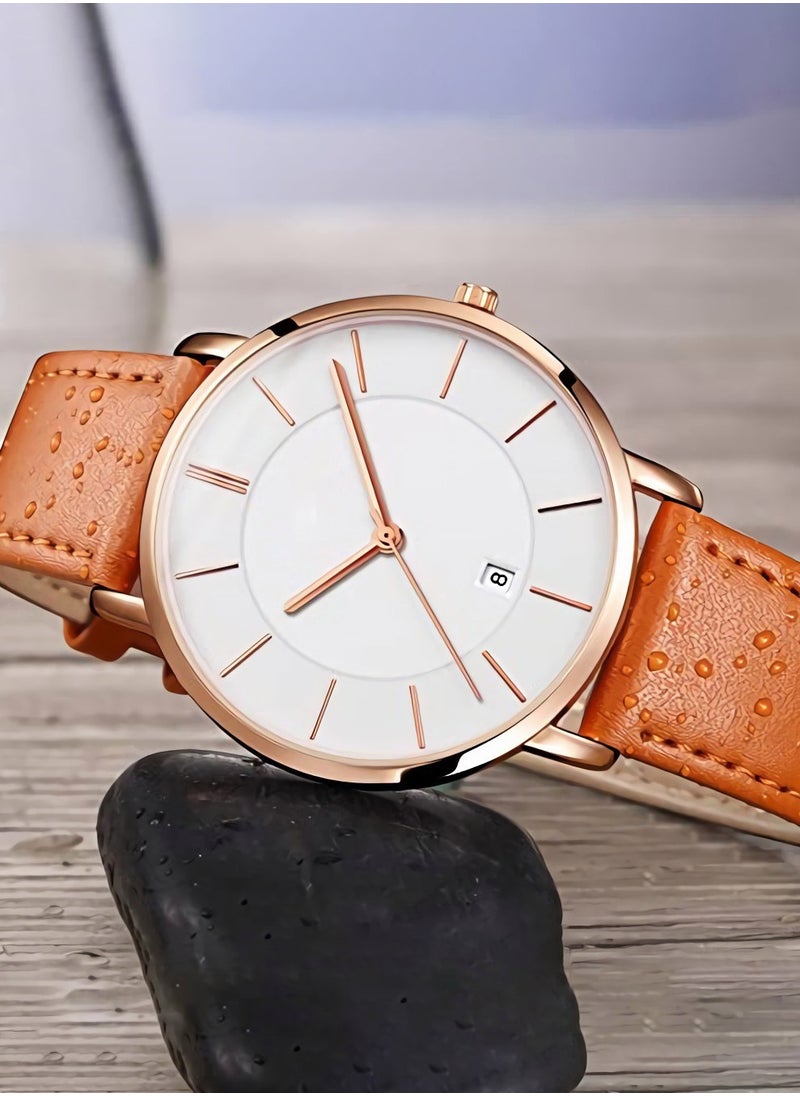 roaiss - Men's Ultra Thin Watches Minimalist Analog Quartz Leather Strap Fashion Casual Date Watch Waterproof Wrist Watch - Image 1