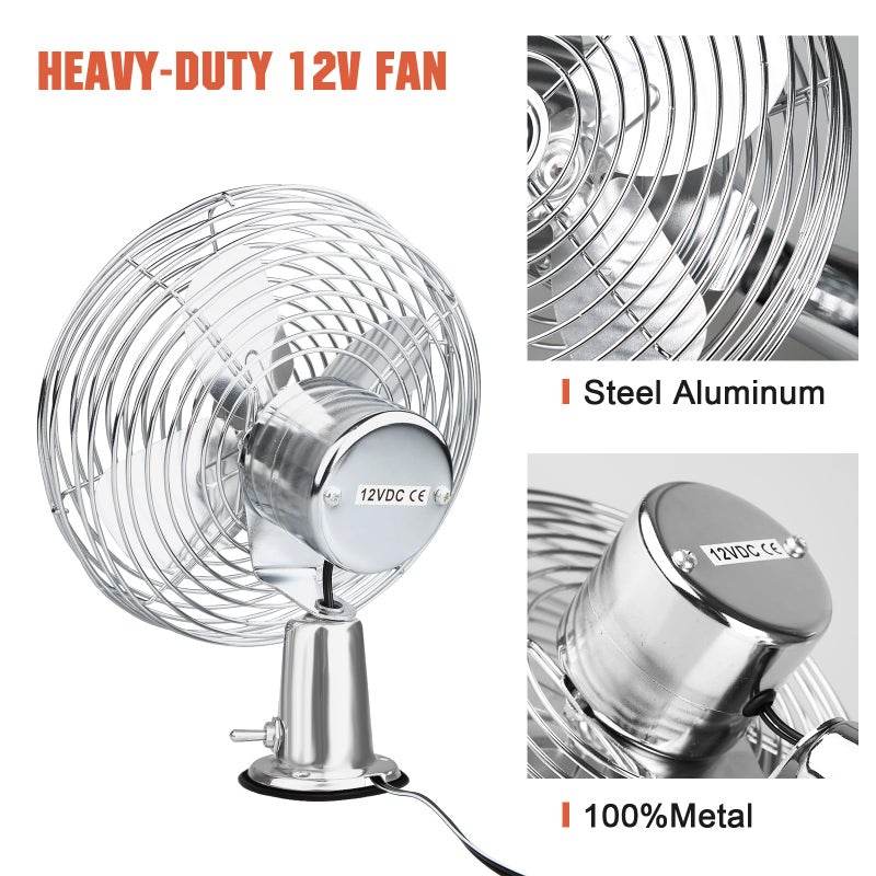 CRAFTZONE 12V Fan RV|Truck Cooling Heavy Duty 8" Metal Car Fan Bus|Boat|Forklift|Car|Camper|Lawn|Mower|Tractor 2-Speed Silver - Image 2