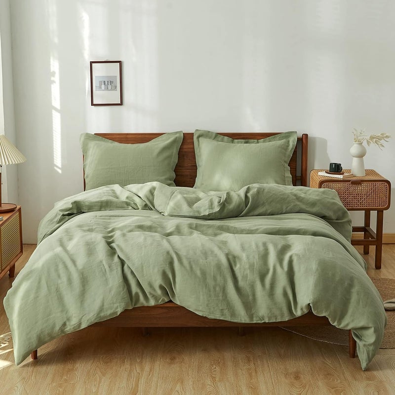 SimpleOpulence 100 Linen Duvet Cover Set 2pcs Natural French Basic Style Washed Flax Solid Color Breathable Soft Farmhouse Bedding with Button Closure Sage Green Twin