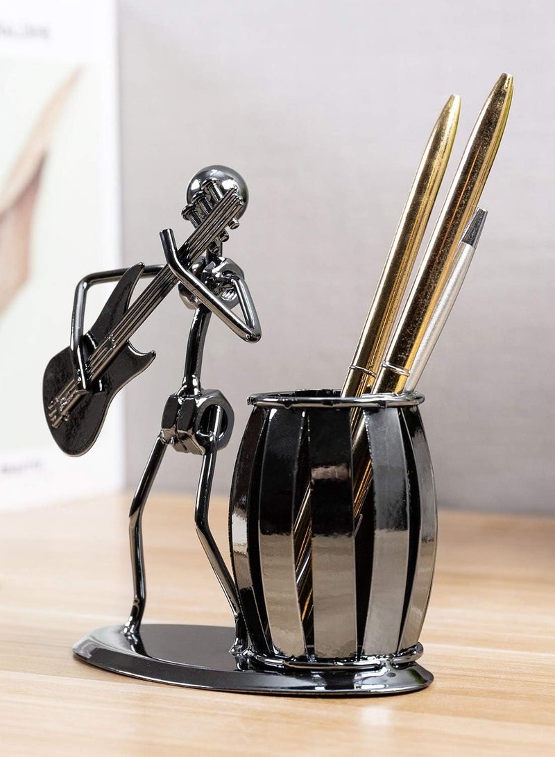 Bukela Pen Holder, Decorative Gunmetal Gray Metal Desk Pen Holder Cup with Rocker and Guitar Design, Office Supplies Organizer Pencil Cup - Image 3