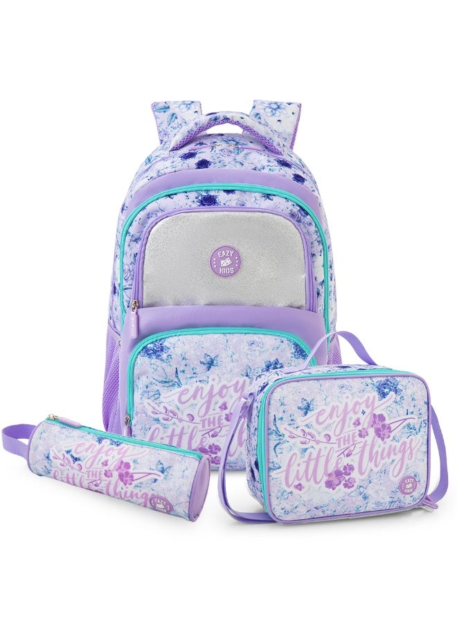 Eazy Kids 18” School Bag Set of 3 w/ Universal School Bag Trolley – Backpack, Lunch Bag & Pencil Case, Purple - Image 3