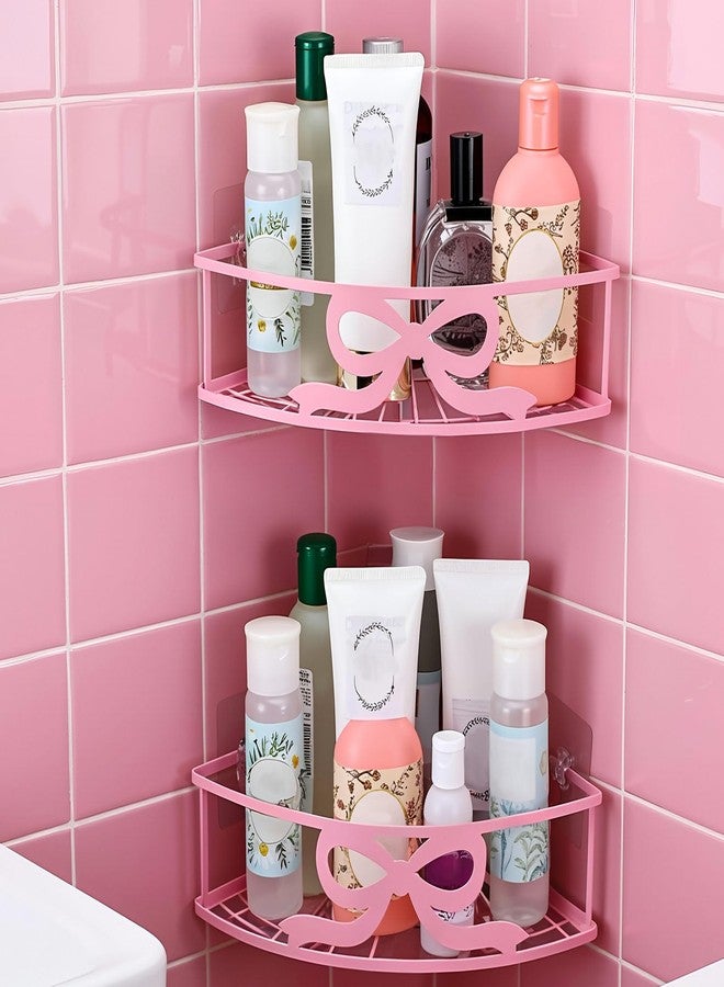 Otoolling 2 Pack Pink Bow Corner Shower Caddy No Drilling Pink Shower Shelves Coquette Corner Caddy with 5 Adhesive Hooks Sweet Decor for Bathroom Kitchen Bedroom - Image 1