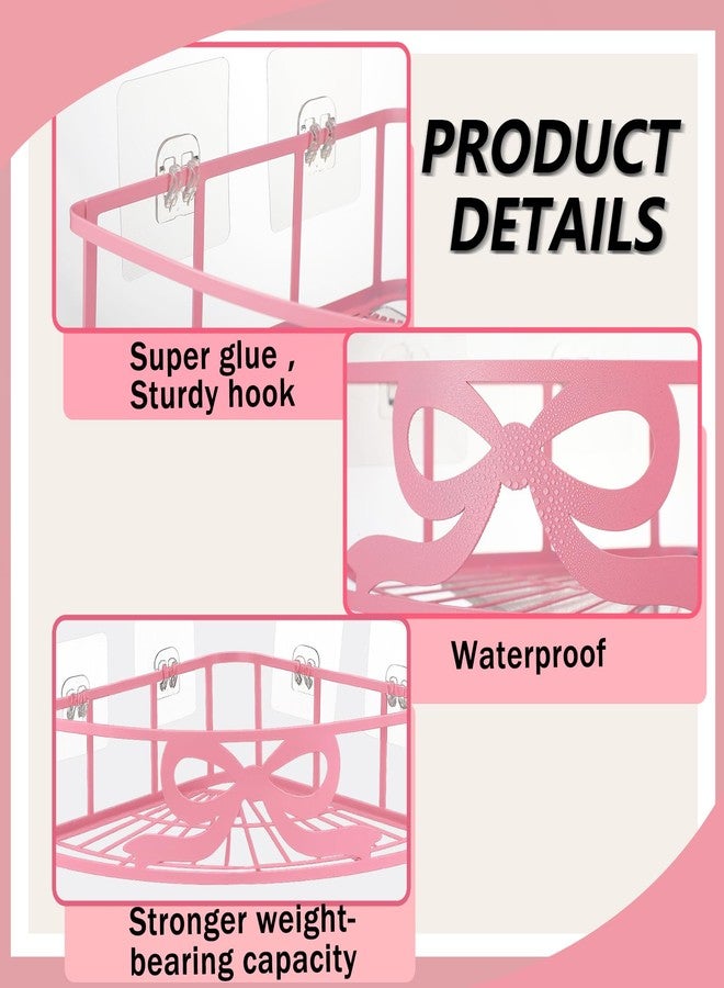 Otoolling 2 Pack Pink Bow Corner Shower Caddy No Drilling Pink Shower Shelves Coquette Corner Caddy with 5 Adhesive Hooks Sweet Decor for Bathroom Kitchen Bedroom - Image 3