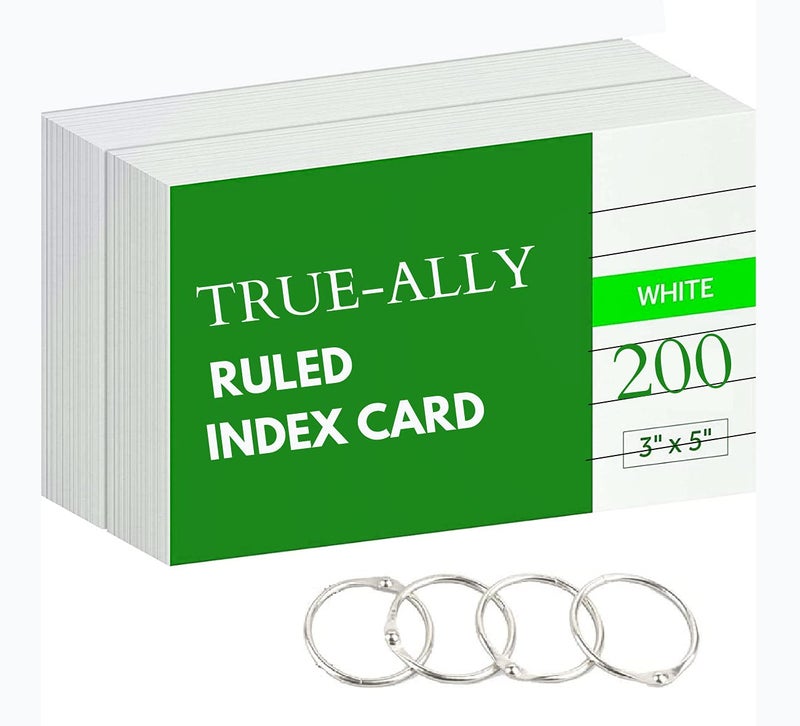 True-Ally بطاقات فلاش ذات جانب واحد مخطط - 3x5 بوصة، بيضاء، 200 جرام - مع حلقات ربط مجانية للملاحظات القصيرة، بطاقات الإشارة، أوراق الغش، التحضير للامتحانات، المقابلات - Image 1