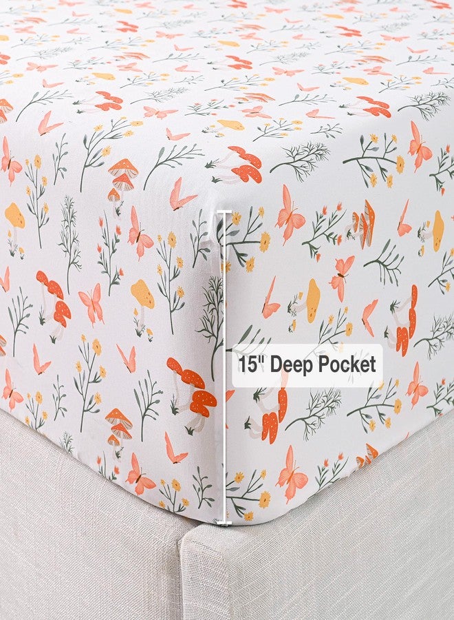 Viviland Mushroom Twin Sheet Set - 4 Piece Vintage Butterfly Flower Patterned Bed Sheets - Soft, Breathable Microfiber Floral Sheets with Deep Pocket, Non-Slip Fitted Sheets & Pillowcases - Image 3