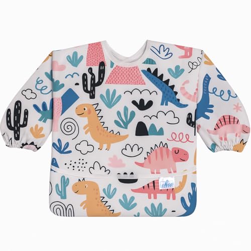 Chic Buddy Baby Long Sleeve Bib, Toddler Children's Leak-Free Baby Bib with Sleeves,Washable/Lightweight/Wipeable (6-24 Months) waterproof Apron with Pocket (Dinosaur) - Image 1
