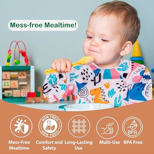 Chic Buddy Baby Long Sleeve Bib, Toddler Children's Leak-Free Baby Bib with Sleeves,Washable/Lightweight/Wipeable (6-24 Months) waterproof Apron with Pocket (Dinosaur) - Image 5