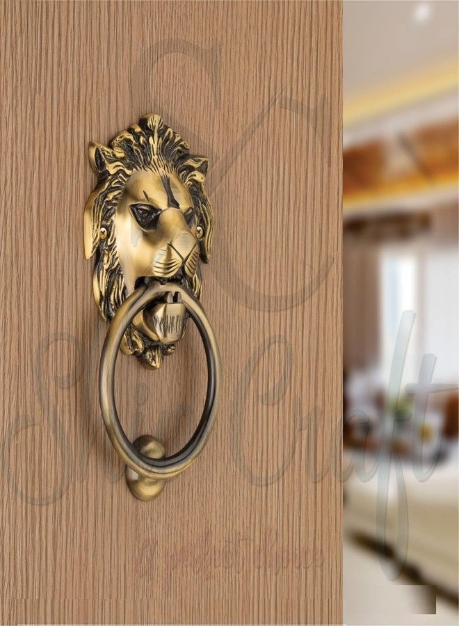 Shiv Craft مطرقة باب نحاسية على شكل وجه أسد من شيف كرافت، مقاس 7 بوصات، ديكور منزلي، بلمسة نهائية نحاسية عتيقة، عبوة من قطعة واحدة - Image 1