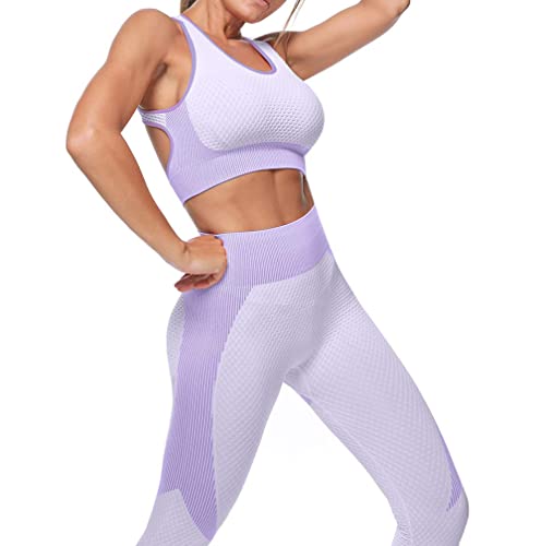 Veriliss Women's 3pcs Seamless Outfits Workout Sets,Gym Clothes Yoga Sportswear Leggings and Stretch Sports Bra Gym jumpsuits Clothes Set (Purple, M) - Image 3
