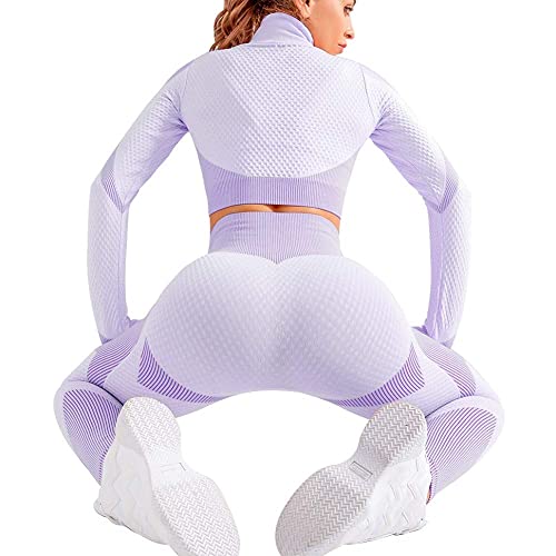 Veriliss Women's 3pcs Seamless Outfits Workout Sets,Gym Clothes Yoga Sportswear Leggings and Stretch Sports Bra Gym jumpsuits Clothes Set (Purple, M) - Image 4