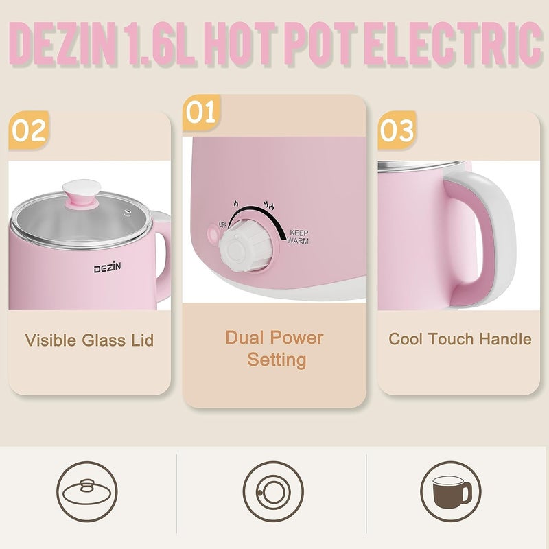 DEZIN Hot Pot Electric, Rapid Noodles Cooker, Stainless Steel Electric Pot 1.6 Liter, Perfect for Ramen, Egg, Pasta, Dumpling, Soup, Porridge, Oatmeal with Temperature Control and Keep Warm Function - Image 3