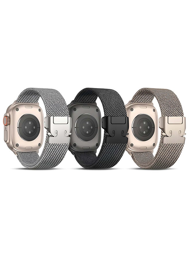 O Ozone (Pack of 3) Milanese Mesh Loop Bands Compatible With Apple Watch Series 10 | Ultra 2 | 8 Ultra | 9 | 8 | 7 | 6, 49/46/45/44/42mm Designer Parachute-Style Metal Buckle Adjustable Strap for Men Women - Black/Silver/Starlight - Image 1