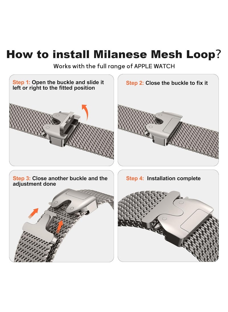 O Ozone (Pack of 3) Milanese Mesh Loop Bands Compatible With Apple Watch Series 10 | Ultra 2 | 8 Ultra | 9 | 8 | 7 | 6, 49/46/45/44/42mm Designer Parachute-Style Metal Buckle Adjustable Strap for Men Women - Black/Silver/Starlight - Image 2