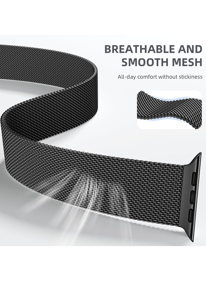 O Ozone (Pack of 3) Milanese Mesh Loop Bands Compatible With Apple Watch Series 10 | Ultra 2 | 8 Ultra | 9 | 8 | 7 | 6, 49/46/45/44/42mm Designer Parachute-Style Metal Buckle Adjustable Strap for Men Women - Black/Silver/Starlight - Image 3